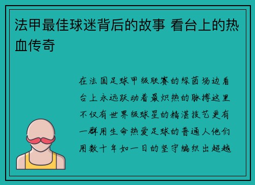 法甲最佳球迷背后的故事 看台上的热血传奇