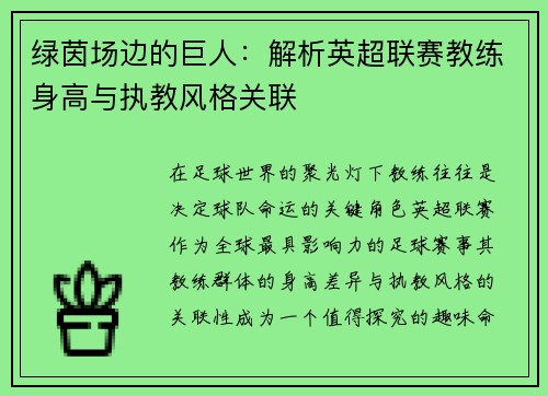 绿茵场边的巨人：解析英超联赛教练身高与执教风格关联