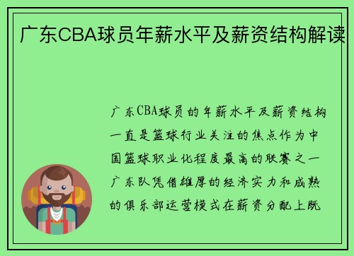 广东CBA球员年薪水平及薪资结构解读
